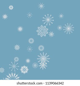 Snowflakes falling on a blue sky background. Winter vector background. The effect of decorating snowflakes. The winter vacation. Well suited for a Christmas card, banner or poster. EPS 10