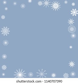 Snowflakes falling on a blue sky background. Winter vector background. The effect of decorating snowflakes. The winter vacation. Well suited for a Christmas card, banner or poster. EPS 10