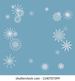 Snowflakes falling on a blue sky background. Winter vector background. The effect of decorating snowflakes. The winter vacation. Well suited for a Christmas card, banner or poster. EPS 10