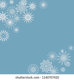 Snowflakes falling on a blue sky background. Winter vector background. The effect of decorating snowflakes. The winter vacation. Well suited for a Christmas card, banner or poster. EPS 10