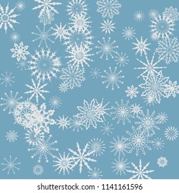 Snowflakes falling on a blue sky background. Winter vector background. The effect of decorating snowflakes. The winter vacation. Well suited for a Christmas card, banner or poster. EPS 10