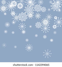 Snowflakes falling on a blue sky background. Winter vector background. The effect of decorating snowflakes. The winter vacation. Well suited for a Christmas card, banner or poster. EPS 10