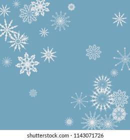 Snowflakes falling on a blue sky background. Winter vector background. The effect of decorating snowflakes. The winter vacation. Well suited for a Christmas card, banner or poster. EPS 10