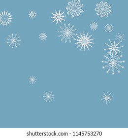 Snowflakes falling on a blue sky background. Winter vector background. The effect of decorating snowflakes. The winter vacation. Well suited for a Christmas card, banner or poster. EPS 10