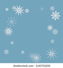 Snowflakes falling on a blue sky background. Winter vector background. The effect of decorating snowflakes. The winter vacation. Well suited for a Christmas card, banner or poster. EPS 10