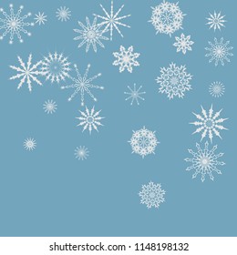 Snowflakes falling on a blue sky background. Winter vector background. The effect of decorating snowflakes. The winter vacation. Well suited for a Christmas card, banner or poster. EPS 10