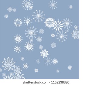 Snowflakes falling on a blue sky background. Winter vector background. The effect of decorating snowflakes. The winter vacation. Well suited for a Christmas card, banner or poster. EPS 10