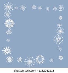 Snowflakes falling on a blue sky background. Winter vector background. The effect of decorating snowflakes. The winter vacation. Well suited for a Christmas card, banner or poster. EPS 10
