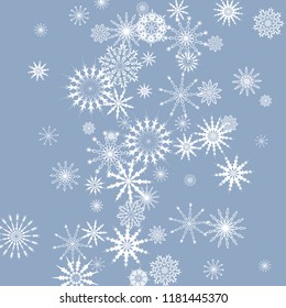 Snowflakes falling on a blue sky background. Winter vector background. The effect of decorating snowflakes. The winter vacation. Well suited for a Christmas card, banner or poster. EPS 10