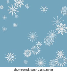 Snowflakes falling on a blue sky background. Winter vector background. The effect of decorating snowflakes. The winter vacation. Well suited for a Christmas card, banner or poster. EPS 10