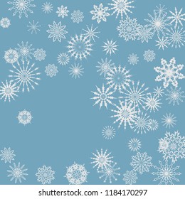 Snowflakes falling on a blue sky background. Winter vector background. The effect of decorating snowflakes. The winter vacation. Well suited for a Christmas card, banner or poster. EPS 10