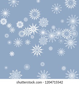 Snowflakes falling on a blue sky background. Winter vector background. The effect of decorating snowflakes. The winter vacation. Well suited for a Christmas card, banner or poster. EPS 10