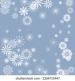 Snowflakes falling on a blue sky background. Winter vector background. The effect of decorating snowflakes. The winter vacation. Well suited for a Christmas card, banner or poster. EPS 10