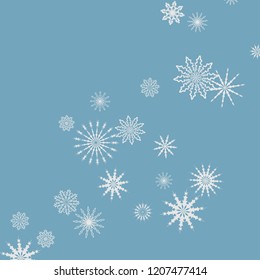 Snowflakes falling on a blue sky background. Winter vector background. The effect of decorating snowflakes. The winter vacation. Well suited for a Christmas card, banner or poster. EPS 10