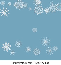 Snowflakes falling on a blue sky background. Winter vector background. The effect of decorating snowflakes. The winter vacation. Well suited for a Christmas card, banner or poster. EPS 10