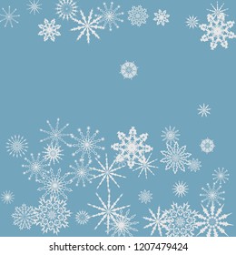 Snowflakes falling on a blue sky background. Winter vector background. The effect of decorating snowflakes. The winter vacation. Well suited for a Christmas card, banner or poster. EPS 10