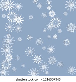 Snowflakes falling on a blue sky background. Winter vector background. The effect of decorating snowflakes. The winter vacation. Well suited for a Christmas card, banner or poster. EPS 10