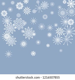 Snowflakes falling on a blue sky background. Winter vector background. The effect of decorating snowflakes. The winter vacation. Well suited for a Christmas card, banner or poster. EPS 10