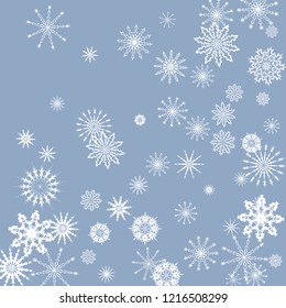 Snowflakes falling on a blue sky background. Winter vector background. The effect of decorating snowflakes. The winter vacation. Well suited for a Christmas card, banner or poster. EPS 10