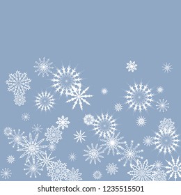 Snowflakes falling on a blue sky background. Winter vector background. The effect of decorating snowflakes. The winter vacation. Well suited for a Christmas card, banner or poster. EPS 10