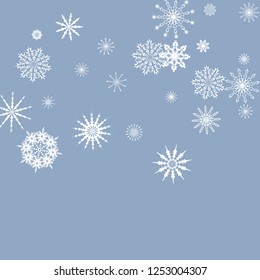 Snowflakes falling on a blue sky background. Winter vector background. The effect of decorating snowflakes. The winter vacation. Well suited for a Christmas card, banner or poster. EPS 10