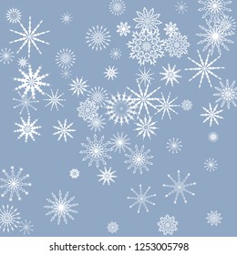Snowflakes falling on a blue sky background. Winter vector background. The effect of decorating snowflakes. The winter vacation. Well suited for a Christmas card, banner or poster. EPS 10