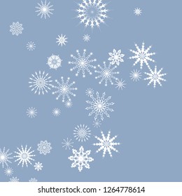 Snowflakes falling on a blue sky background. Winter vector background. The effect of decorating snowflakes. The winter vacation. Well suited for a Christmas card, banner or poster. EPS 10