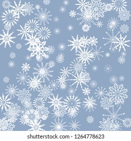 Snowflakes falling on a blue sky background. Winter vector background. The effect of decorating snowflakes. The winter vacation. Well suited for a Christmas card, banner or poster. EPS 10