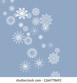 Snowflakes falling on a blue sky background. Winter vector background. The effect of decorating snowflakes. The winter vacation. Well suited for a Christmas card, banner or poster. EPS 10