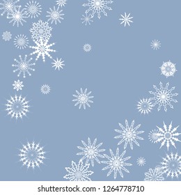 Snowflakes falling on a blue sky background. Winter vector background. The effect of decorating snowflakes. The winter vacation. Well suited for a Christmas card, banner or poster. EPS 10