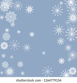 Snowflakes falling on a blue sky background. Winter vector background. The effect of decorating snowflakes. The winter vacation. Well suited for a Christmas card, banner or poster. EPS 10