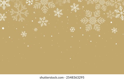 Flocos de neve caindo sobre fundo dourado. Flocos de neve brilhantes. Flocos de neve decorativos. Cartão de ano novo. Ilustração vetorial.