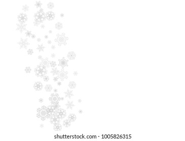 Snowflakes falling on white background. Horizontal Christmas and Happy New Year theme. Silver falling snowflakes for banner, gift card, party invitation, partner compliment and special business offers