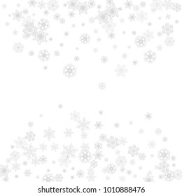 Snowflakes falling on white background. Merry Christmas and Happy New Year theme. Silver falling snowflakes for banners, gift cards, party invitations, partner compliments and special business offers.