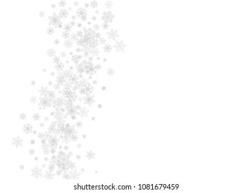 Snowflakes falling on white background. Horizontal Christmas and Happy New Year theme. Silver falling snowflakes for banner, gift card, party invitation, partner compliment and special business offers