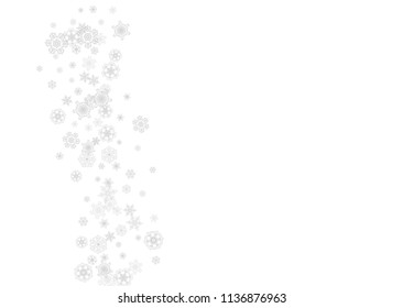 Snowflakes falling on white background. Horizontal Christmas and Happy New Year theme. Silver falling snowflakes for banner, gift card, party invitation, partner compliment and special business offers