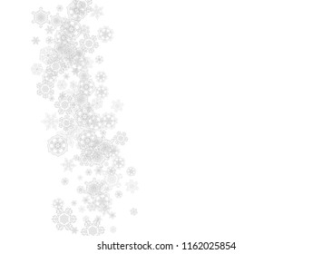 Snowflakes falling on white background. Horizontal Christmas and Happy New Year theme. Silver falling snowflakes for banner, gift card, party invitation, partner compliment and special business offers