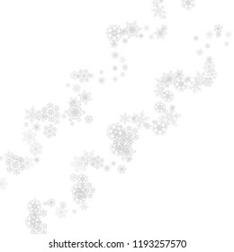 Snowflakes falling on white background. Merry Christmas and Happy New Year theme. Silver falling snowflakes for banners, gift cards, party invitations, partner compliments and special business offers.