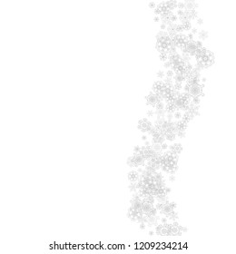 Snowflakes falling on white background. Merry Christmas and Happy New Year theme. Silver falling snowflakes for banners, gift cards, party invitations, partner compliments and special business offers.