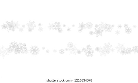 Snowflakes falling on white background. Horizontal Christmas and Happy New Year theme. Silver falling snowflakes for banner, gift card, party invitation, partner compliment and special business offers