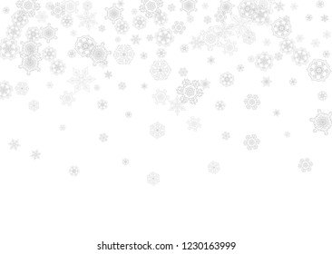 Snowflakes falling on white background. Horizontal Christmas and Happy New Year theme. Silver falling snowflakes for banner, gift card, party invitation, partner compliment and special business offers