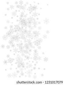 Snowflakes falling on white background. Merry Christmas and Happy New Year theme. Silver falling snowflakes for banners, gift cards, party invitations, partner compliments and special business offers.