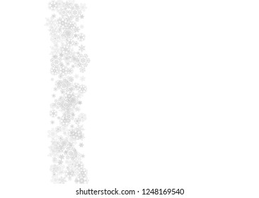 Snowflakes falling on white background. Horizontal Christmas and Happy New Year theme. Silver falling snowflakes for banner, gift card, party invitation, partner compliment and special business offers