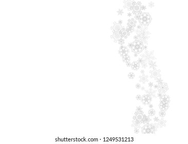 Snowflakes falling on white background. Horizontal Christmas and Happy New Year theme. Silver falling snowflakes for banner, gift card, party invitation, partner compliment and special business offers