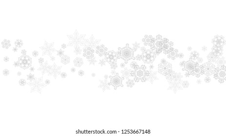 Snowflakes falling on white background. Horizontal Christmas and Happy New Year theme. Silver falling snowflakes for banner, gift card, party invitation, partner compliment and special business offers