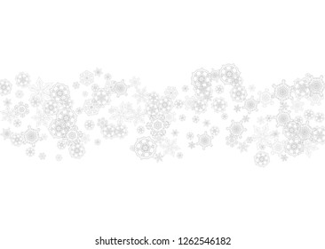 Snowflakes falling on white background. Horizontal Christmas and Happy New Year theme. Silver falling snowflakes for banner, gift card, party invitation, partner compliment and special business offers