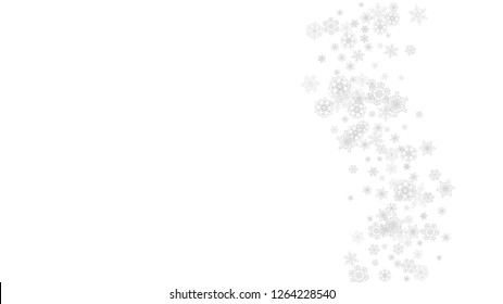 Snowflakes falling on white background. Horizontal Christmas and Happy New Year theme. Silver falling snowflakes for banner, gift card, party invitation, partner compliment and special business offers