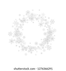 Snowflakes falling on white background. Merry Christmas and Happy New Year theme. Silver falling snowflakes for banners, gift cards, party invitations, partner compliments and special business offers.