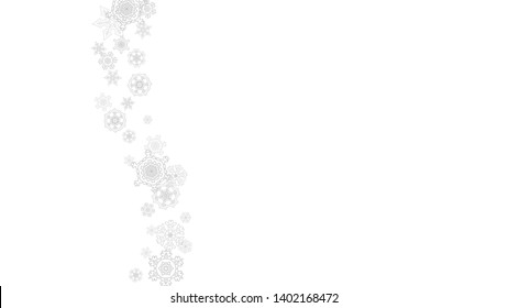 Snowflakes falling on white background. Horizontal Christmas and Happy New Year theme. Silver falling snowflakes for banner, gift card, party invitation, partner compliment and special business offers