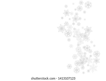 Snowflakes falling on white background. Horizontal Christmas and Happy New Year theme. Silver falling snowflakes for banner, gift card, party invitation, partner compliment and special business offers